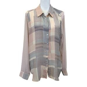 Rose + Olive pink/black silky button front top, flowy, pastel, mature, office